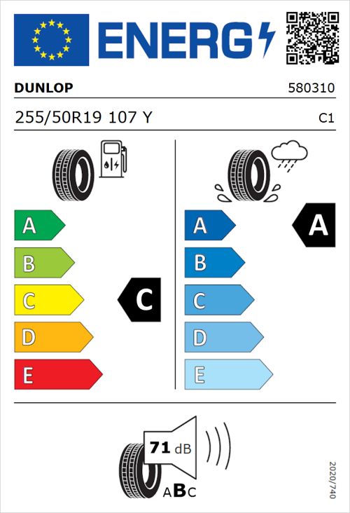 Tyre Label for Dunlop Sportmaxx RT 2 SUV 255/50R19 107Y