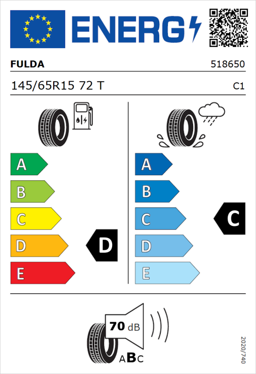 Tyre Label for Fulda EcoControl 145/65R15 72T