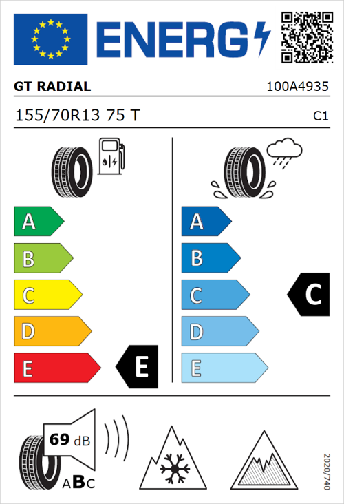 Tyre Label for GT Radial WinterPro 2 evo 155/70R13 75T