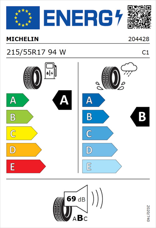 Tyre Label for Michelin e.primacy 215/55R17 94W