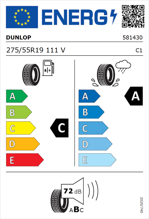Tyre Label for Dunlop Sportmaxx RT 2 SUV 275/55R19 111V