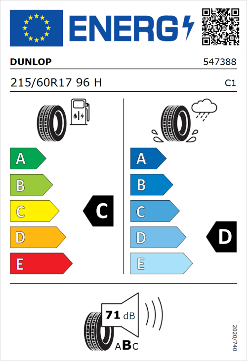 Tyre Label for Dunlop SP SPORT 270 215/60R17 96H