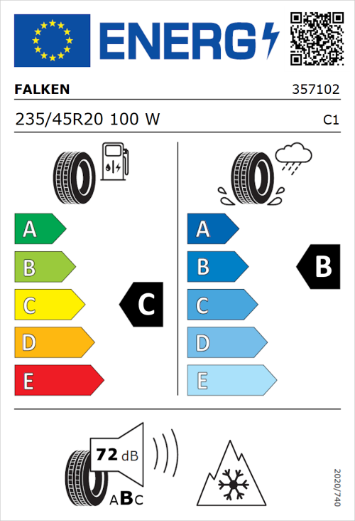 Tyre Label for Falken Euroall Season AS220 PRO 235/45R20 100W