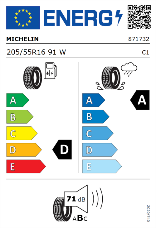 Tyre Label for Michelin Primacy 3 205/55R16 91W